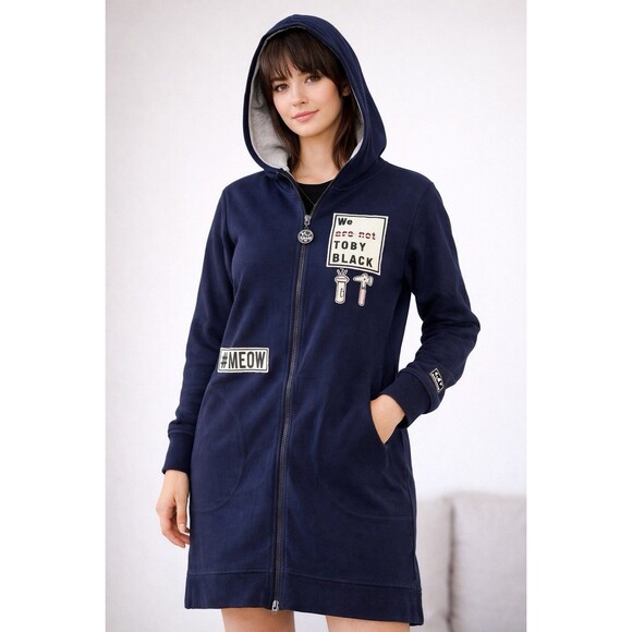 Tops - TOBY BLACK Navy Longline Zip-Up Hoodie Dress #MEOW Graphic Patch Sweatshirt M